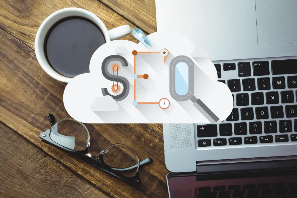 SEO concept with cloud and magnifying glass