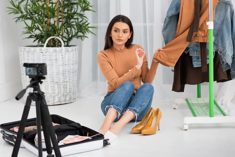 Woman presenting new clothes to a camera